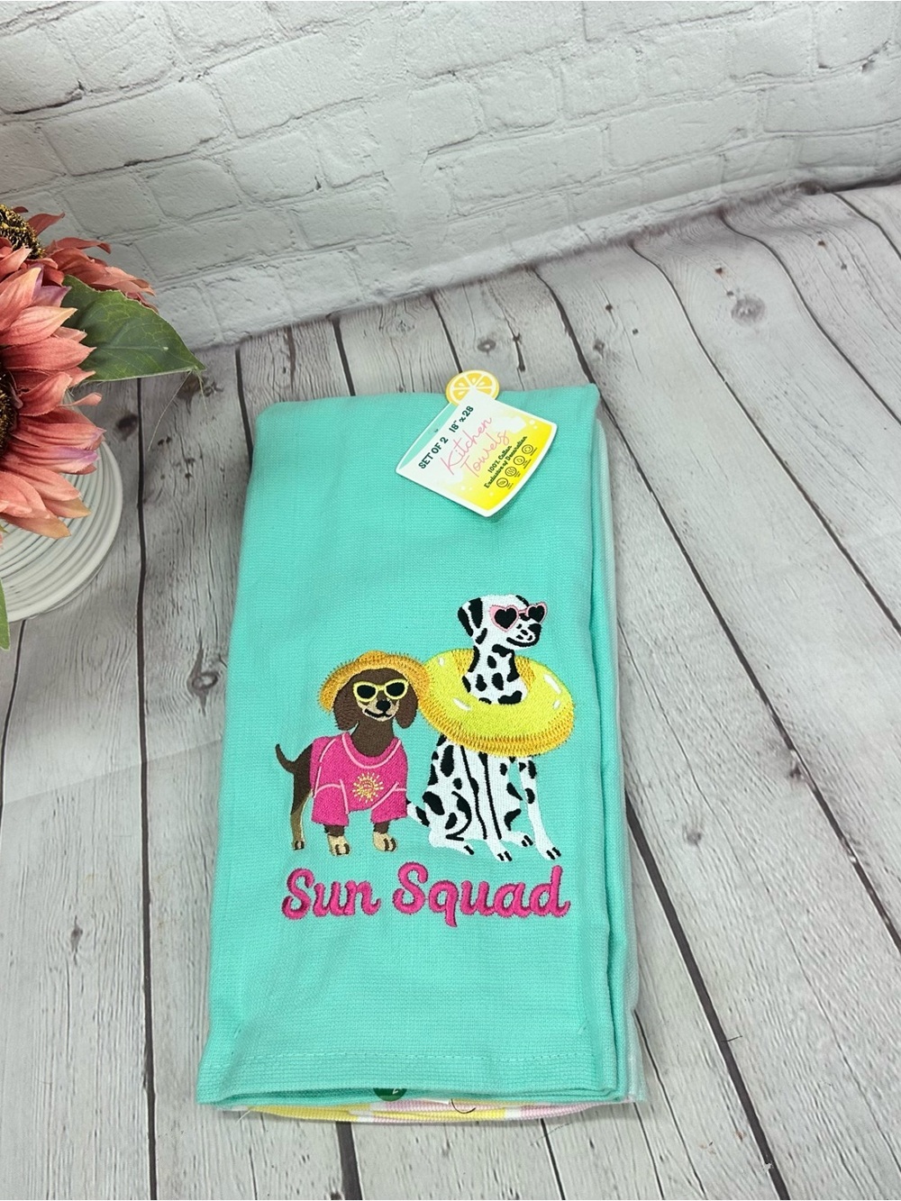 NWT Turquoise 'Sun Squad' Embroidered Dog Kitchen Towel 2pk dachshund Dalmatian